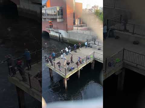 People fishing Paul Revere Park Boston Harbor Charles River Charlestown Massachusetts 2023