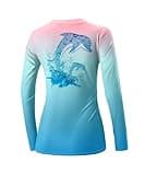 Women Quick Dry Crew Neck Long Sleeve Fishing Shirt Activewear Swimming Tops UPF 50 Rash Guard Blue Pink Dolphin XXL