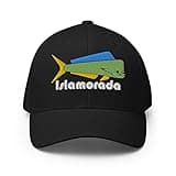 Islamorada Florida Keys Fishing hat Embroidered Dolphin Mahi Dorado Saltwater Fish Twill Cap Stretch Fitted Black