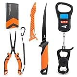 KastKing ToughTide 5pc Fishing Tool Kit, Rechargeable 65lb Digital Fish Scale with Lip Grip & Tape Measure, 7” Fillet Knife with Sheath & Sharpener, 8” Fishing Split Ring Pliers, Fishing Gear