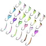 BASSDASH Ice Fishing Lure Kit Glowing Paint Jigs for Winter Ice Jigging Crappie Sunfish Perch Walleye Pike with Tackle Box (BI04-24pcs Assorted Crappie/panfish/Perch jigs)