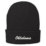 Trendy Apparel Shop Oklahoma Embroidered Winter Folded Long Beanie - Black