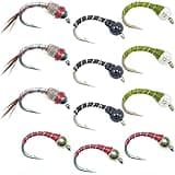 The Fly Fishing Place Bead Head Rainbow Warrior and Zebra Midge Assortment - 1 Dozen - 3 Each of 4 Patterns Size 14 - Tailwater Fly Fishing Flies Collection