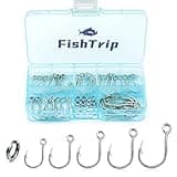 FishTrip 50pcs Inline Fishing Hooks for Treble Hook Replacement, in-Line Single Forged Eyed Hooks with Split Rings for Lures Plugs Saltwater Freshwater