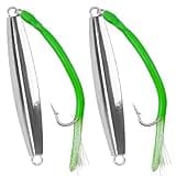 Diamond Jigs Saltwater Fishing Lures, 2Pack Casting Jigging Spoon with Tube Tail Striped Bass Metal Jig Spoons Deep Sea Offshore Surf Fishing green-1oz