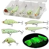 Glow Fishing Lures Bait Kit Luminous VIB Popper Crank Minnow Pencil Hard Bait with Treble Hook Night Fishing Bait Tackle Box (5pcs)