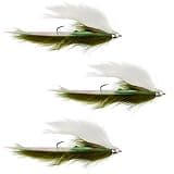 The Fly Fishing Place Dolly Llama Stinger Streamer Flies - 3 Olive and White Salmon Steelhead Trout Alaska Fly Fishing Flies - Hook Size 4