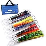 𝗘𝗫𝗔𝗨𝗥𝗔𝗙𝗘𝗟𝗜𝗦 Fishing Gear Fishing Lures 6.5 inch 6 pcs Trolling Lure Squid Skirted Deep Sea FishingLure Included Mesh Bag Diverlure for Predatory Fish Marlin Tuna Dolphin Shark Big Game