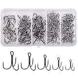 Fishing Treble Hooks Assortment, Sharp Brabed Triple Fishing Hooks Set High Carbon Steel Round Bend for Trout Catfish Lures Freshwater Saltwater, Assorted Size 4 6 8 10 12, 150pcs, Black