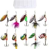 kingforest 10pcs Fishing Lures Spinnerbait for Bass Trout Salmon Walleye Hard Metal Spinner Baits Kit with Tackle Box