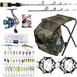QualyQualy Ice Fishing Rod Reel Combo Complete Set Ice Fishing Gear with Backpack Seat Ice Cleats Ice Fishing Jigs Line Full Ice Fishing Kit