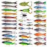 36pcs Fishing Lures Kit for Bass Pike Panfish Walleye Trout Including Multi Jointed Swimbaits Soft Duck Spider Frogs Soft Fish and with Floating Rotating Propeller Tail Tractor Topwater Lures