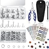 200 Pcs Fishing Stainless Steel Split Rings, 50 Pcs Treble Hooks, Lure Tackle Connector Fishing Pliers, Fishing Lanyard and 876 Pcs Fishing Lure Eyes for Tackle Fish