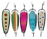 KOKOPROS Kokanee Salmon Fabulous Five Finished Teardrop Fishing Flashers, 5-1/2" Length, Chrome, Multicolor 5 Pack - Salmon Fishing Tackle - Durable Metal Construction - Hyperglow Finish