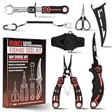 RUNCL 4pc Fishing Tool Kit- Fishing Pliers, Fish Fillet Knife with Sharpener, Fish Lip Gripper, Fishing Braid Scissors, Saltwater Fishing Gear and Equipment with Sheath/Lanyard, Fishing Gifts for Men