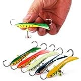 Sougayilang Ice Fishing Jigs, Winter Fishing Hard Lures with Treble Hooks, Red, Colors Fishing Bait Lure Kit in Tackle Box for Bass Pike Trout Walleye Saltwater Freshwater-5PCS