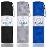 OHIKA Microfiber Fishing Towels with Clip, Waffle Pattern for Effective Cleaning of Fishing Gears or Dirty Hands, 16” x 16”, Camping Towels, Hiking Towels, Pack of 3 (Black/Grey/Blue)