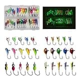 KJEIM Ice Fishing Jigs Kit, 30pcs Glow Ice Fishing Lures Luminous Ice Fishing Gear Winter Fishing Jigging for Crappie Pike Panfish Walleye Perch Bluegill