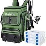 PLUSINNO Fishing Backpack with Rod Holders 4 Tackle Boxes, 42L Large Water-Resistant Fishing Tackle Bag Store Fishing Gear for Fishing, Camping, Hiking, Fishing Gifts for Men Father, Green