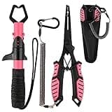 mouhike Fishing Pliers Fish Lip Gripper Fishing Tool Kit Muti-Function Saltwater Fishing Line Cutter Hook Remover with Sheath Lanyard, Fly Ice Fishing Gear Fishing Gifts for Men Women (Pink & Black)
