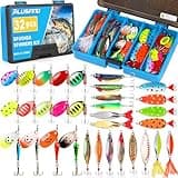 PLUSINNO Fishing Lures Spinner Baits, 32PCS Trout Bass Fishing Lures, Spinning Spoons with Copper Body & Blade, Fishing Gear Kit with Tackle Box Gifts for Men Bass Trot Freshwater