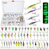 Bombite 52Pcs Ice Fishing Lures Ice Fishing Jigs Kit Glowing Paint Ice Fishing Jig Heads for Crappie Trout Perch Walleye Ice Fishing Gear