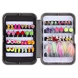 BASSDASH 57pcs Fly Fishing Egg Flies Kit with Fly Box for Steelhead Salmon Trout Fishing Include Egg Flies, Worms, Streamers