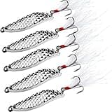 Sougayilang Spoons Hard Fishing Lures Treble Hooks Salmon Bass Metal Fishing Lure BaitsSILVER 5pcs