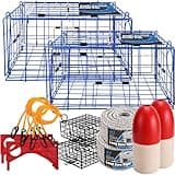 A1FISHER 2 Packs Pacific Folding Crab Trap 24''x24''x12'' Kit, with Crab Bait Cage, Gauge Measure, Trap Harness, 5/16" Dia-100’ Leaded Core Rope with 12.8’’x5.5’’ Red/White Float Buoy for Dungeness