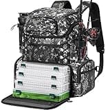 Piscifun Fishing Backpack with Rod Holders & 4 Tackle Boxes, Waterproof Rain Cover, Bottle Holder, Water-resistant Bag to Store Gear & Equipment for Fishing, Camouflage